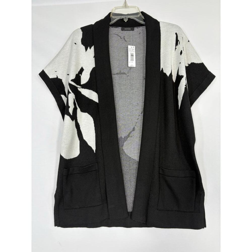 NWT Natori Kimono Cardigan Sweater Womens S Open Front Black White Floral Print